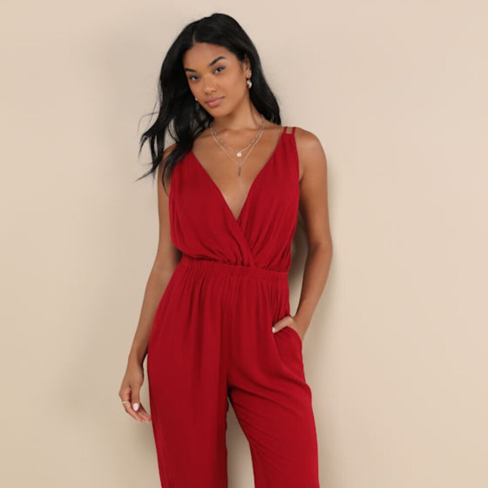 Lulus Truly Effortless Wine Red Surplice Tie-back Jogger Jumpsuit - Size S
